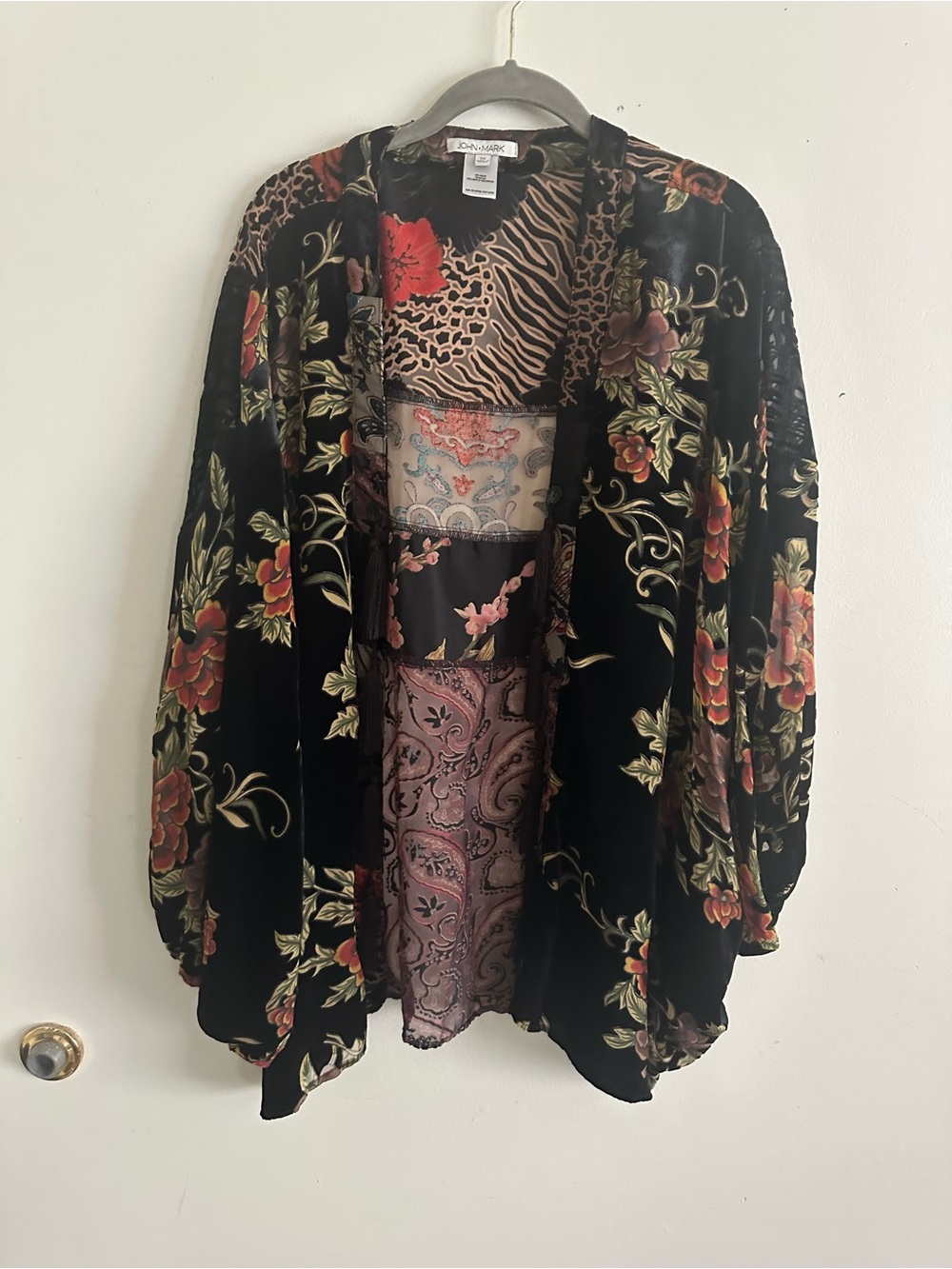 JOHN MARK 1X Velvet Burnout Kimono Cardigan Floral Paisley Animal Print Tassels